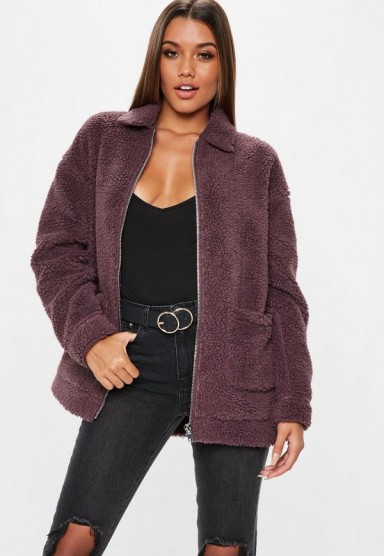 MISSGUIDED burgundy oversized borg zip through jacket – casual autumn style
