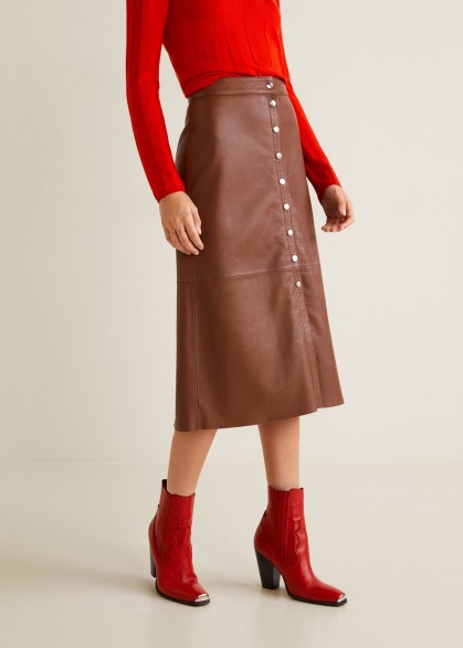 MANGO Buttons leather skirt in cognac
