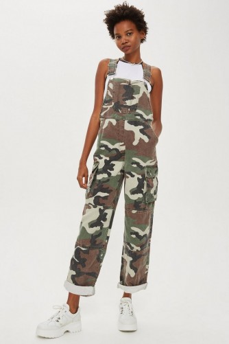 TOPSHOP Camo Print Dungarees / camouflage overalls