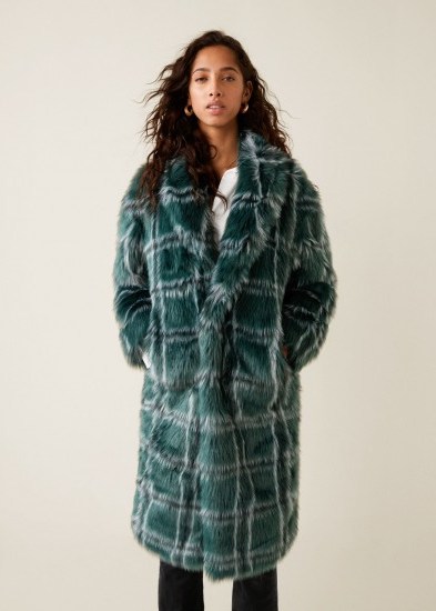 MANGO Checked faux fur coat in green / autumn tones / luxe style coats - flipped