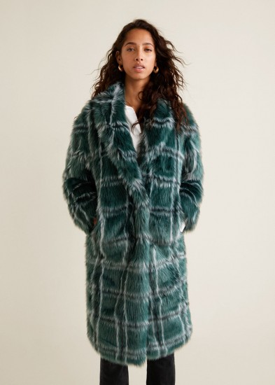 MANGO Checked faux fur coat in green / autumn tones / luxe style coats