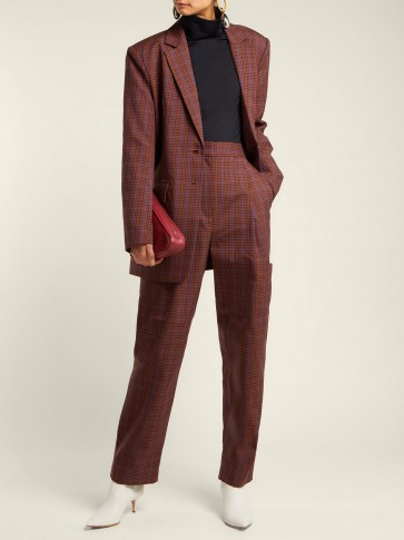 TIBI Checked twill tapered trousers / brown check print suit pants