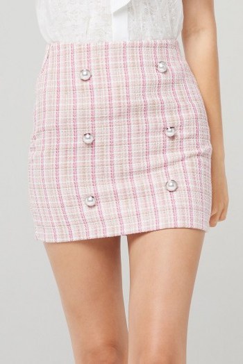 STORETS CLARA PEARL BUTTON TWEED SKIRT in PINK | checked mini - flipped