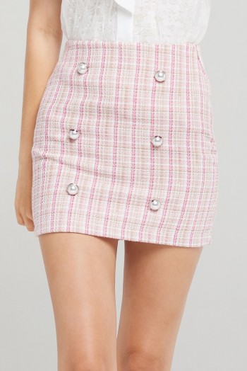 STORETS CLARA PEARL BUTTON TWEED SKIRT in PINK | checked mini