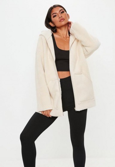 MISSGUIDED cream reversible zip through borg jacket – casual autumn coats – luxe style - flipped
