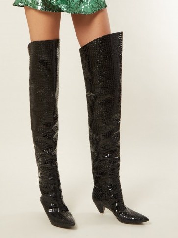 ATTICO Crocodile-effect black leather over-the-knee boots ~ western look toe and heels - flipped