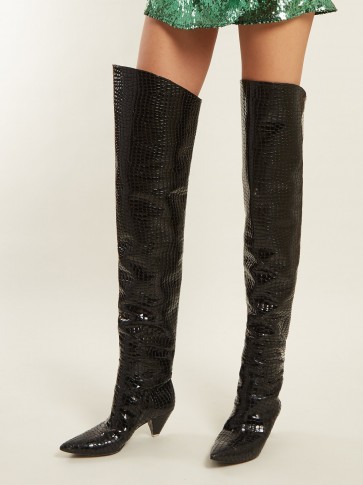 ATTICO Crocodile-effect black leather over-the-knee boots ~ western look toe and heels