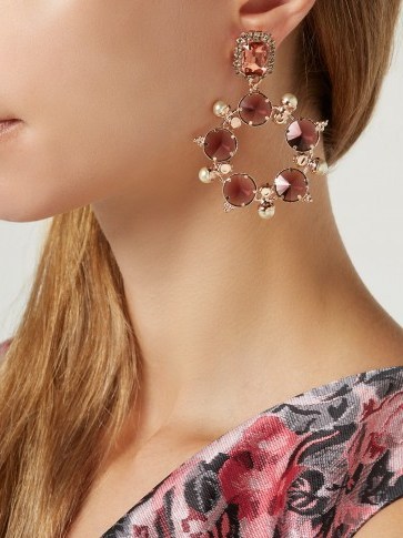 ERDEM Pink Crystal and faux-pearl hoop-drop earrings ~ statement hoops
