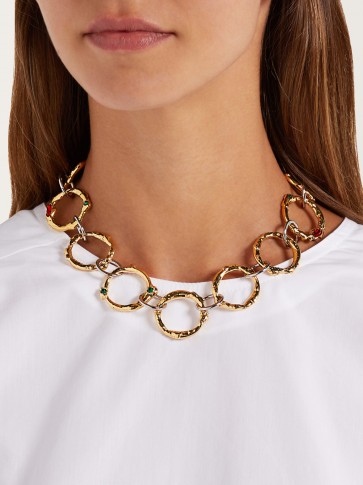 MARNI Crystal-embellished gold-tone and silver-tone chain-link necklace ~ chic statement jewellery ~ red and green crystals