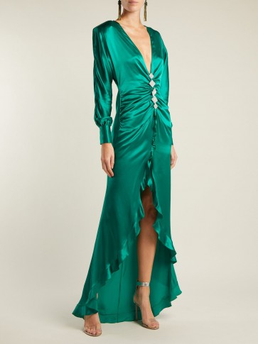 ALESSANDRA RICH Crystal-embellished green silk-satin dress ~ vintage style glamour