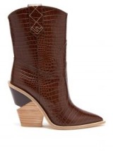 FENDI Cutout-heel brown crocodile-embossed leather ankle boots / western style animal print boot