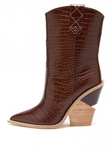 FENDI Cutout-heel brown crocodile-embossed leather ankle boots / western style animal print boot - flipped