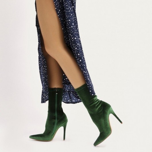 PUBLIC DESIRE DIRECT POINTY SOCK BOOTS IN GREEN VELVET – point toes - flipped