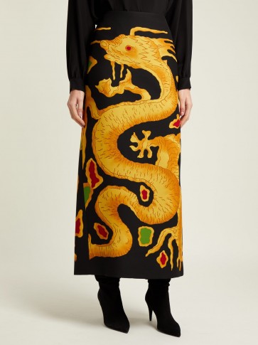 VALENTINO Dragon-print wool and silk-blend skirt