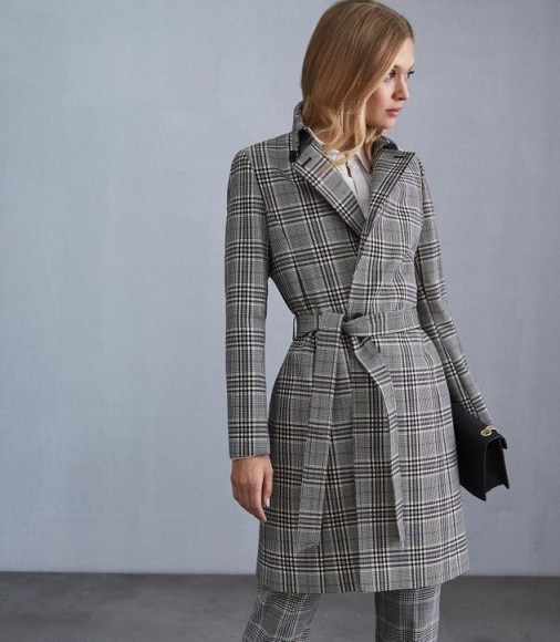 REISS EDEN CHECKED MAC COAT BLACK/WHITE ~ check-print tie-waist coats ~ classic outerwear - flipped