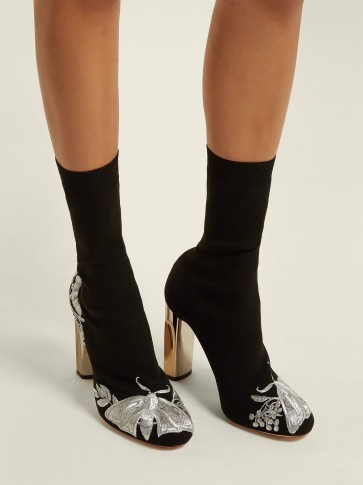 ALEXANDER MCQUEEN Embroidered black knitted ankle boots / silver thread embroidery