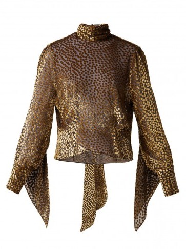 PETAR PETROV Esra metallic-gold fil-coupé chiffon blouse / shimmering high neck top - flipped