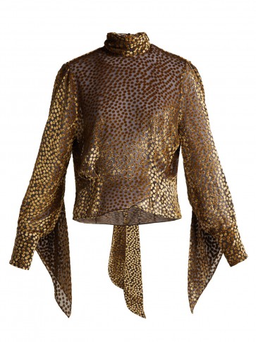 PETAR PETROV Esra metallic-gold fil-coupé chiffon blouse / shimmering high neck top
