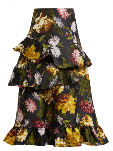 PREEN BY THORNTON BREGAZZI Esta black ruffled floral-jacquard skirt ~ tiered ruffles