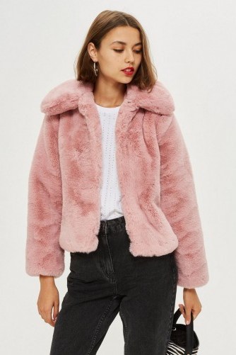 Topshop Faux Fur Coat in rose – fluffy pink luxe style coat - flipped