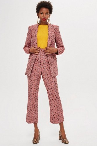 TOPSHOP Floral Print Jacquard Kick Flare Trousers / pink cropped suit pants - flipped