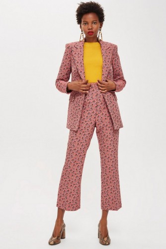 TOPSHOP Floral Print Jacquard Kick Flare Trousers / pink cropped suit pants