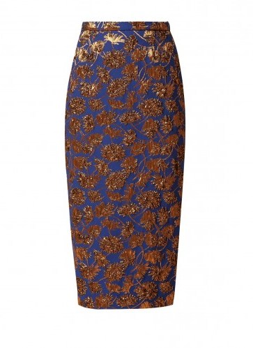 ROCHAS Blue and Bronze Floral-jacquard pencil skirt ~ metallic luxe - flipped