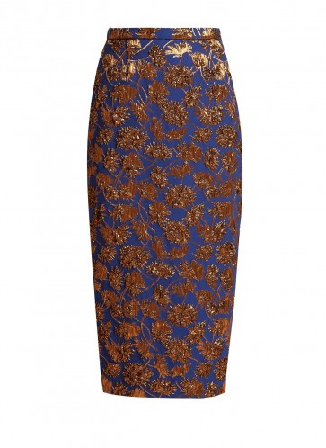 ROCHAS Blue and Bronze Floral-jacquard pencil skirt ~ metallic luxe