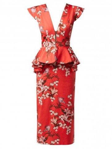 JOHANNA ORTIZ Florearse floral-print red cotton-blend dress – plunging front – peplum waist - flipped