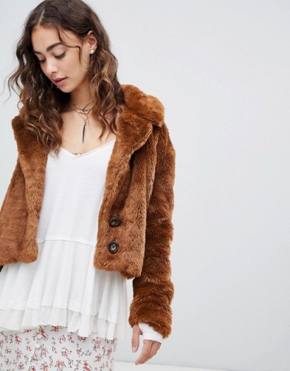 Free People Mena faux fur coat brown – fluffy vintage style jacket