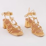 PUBLIC DESIRE FREYA KNOTTED STRAPPY BLOCK HEELED SANDALS IN GOLD – chunky metallic heels