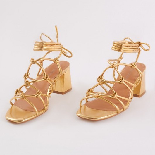 PUBLIC DESIRE FREYA KNOTTED STRAPPY BLOCK HEELED SANDALS IN GOLD – chunky metallic heels - flipped