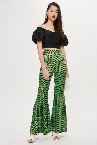 Topshop Geo Print Flared Trousers | green retro flares - flipped