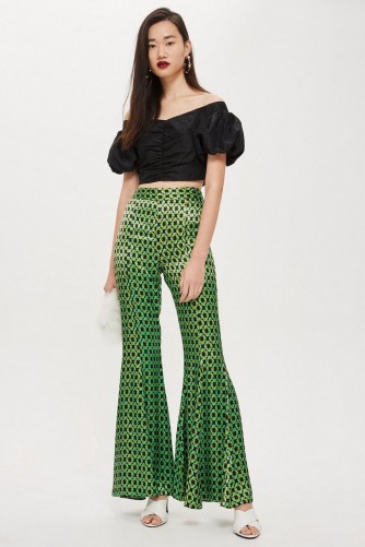 Topshop Geo Print Flared Trousers | green retro flares