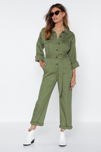 Nasty Gal – Girl Utility Fine Jumpsuit in Khaki | green utilitarian fashion