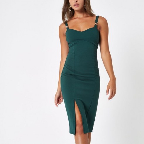 River Island Green buckle strap bodycon midi dress | fitted party frock - flipped