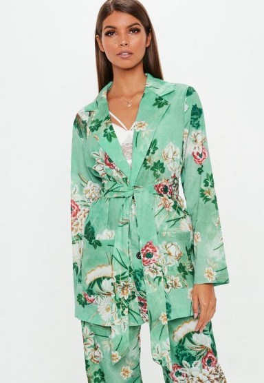 MISSGUIDED green floral collared tie jacket / flower print blazer - flipped