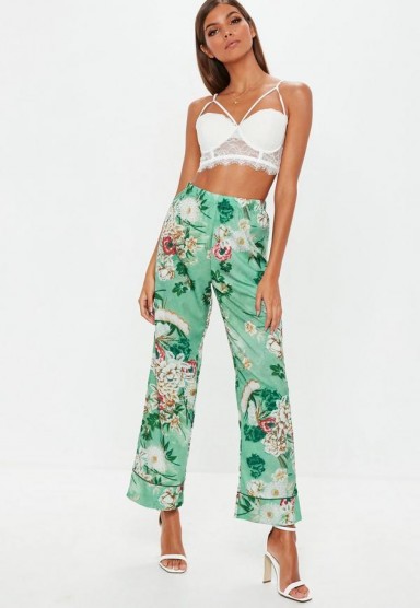MISSGUIDED green floral wide leg trousers / flower printed pants