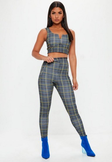 MISSGUIDED grey high waisted heritage checked trousers / tartan skinny pants - flipped