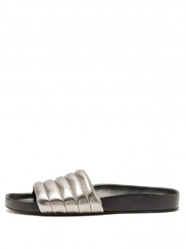 ISABEL MARANT Hellea silver quilted-leather slides ~ metallic slip-on flats - flipped