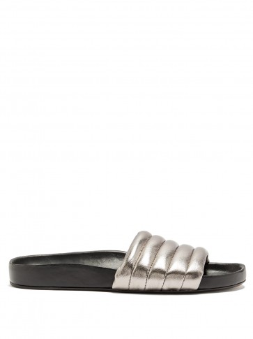 ISABEL MARANT Hellea silver quilted-leather slides ~ metallic slip-on flats