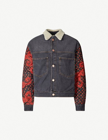 ISABEL MARANT ETOILE Chrissa contrast-panel denim bomber jacket in faded black | patterned quilted sleeves - flipped