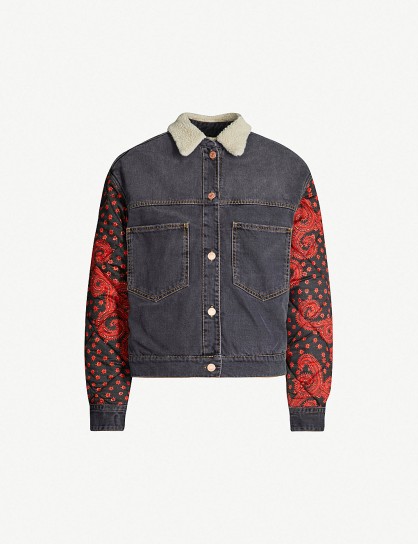 ISABEL MARANT ETOILE Chrissa contrast-panel denim bomber jacket in faded black | patterned quilted sleeves