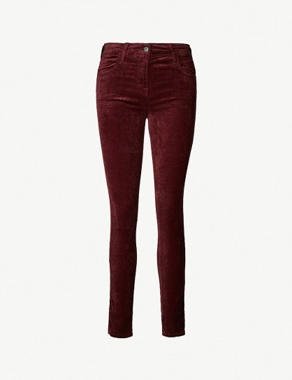 J BRAND Maria skinny high-rise velvet jeans in oxblood | dark red skinnies - flipped