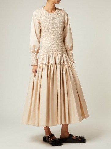 MOLLY GODDARD Kelsey shirred beige cotton-twill midi dress ~ beautiful feminine look - flipped