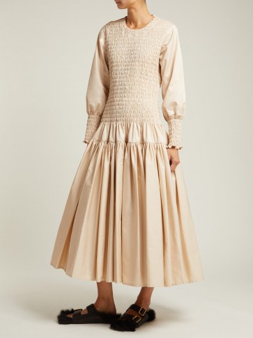 MOLLY GODDARD Kelsey shirred beige cotton-twill midi dress ~ beautiful feminine look