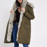 River Island Khaki faux fur trim hooded parka – casual winter coat – warm & stylish look