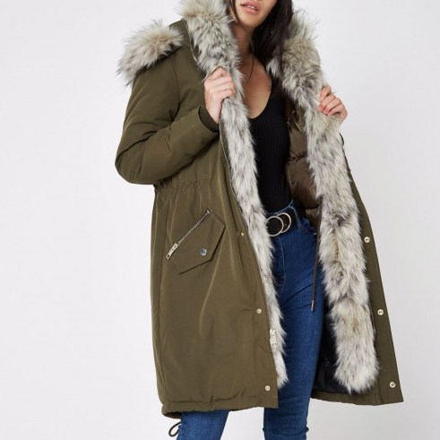 River Island Khaki faux fur trim hooded parka – casual winter coat – warm & stylish look - flipped