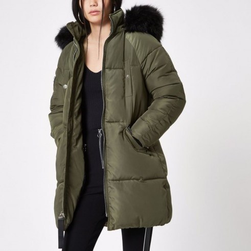 River Island Khaki faux fur trim longline puffer jacket – warm and stylish winter jackets – green chunky coats - flipped