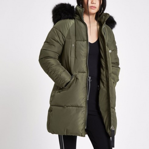 River Island Khaki faux fur trim longline puffer jacket – warm and stylish winter jackets – green chunky coats